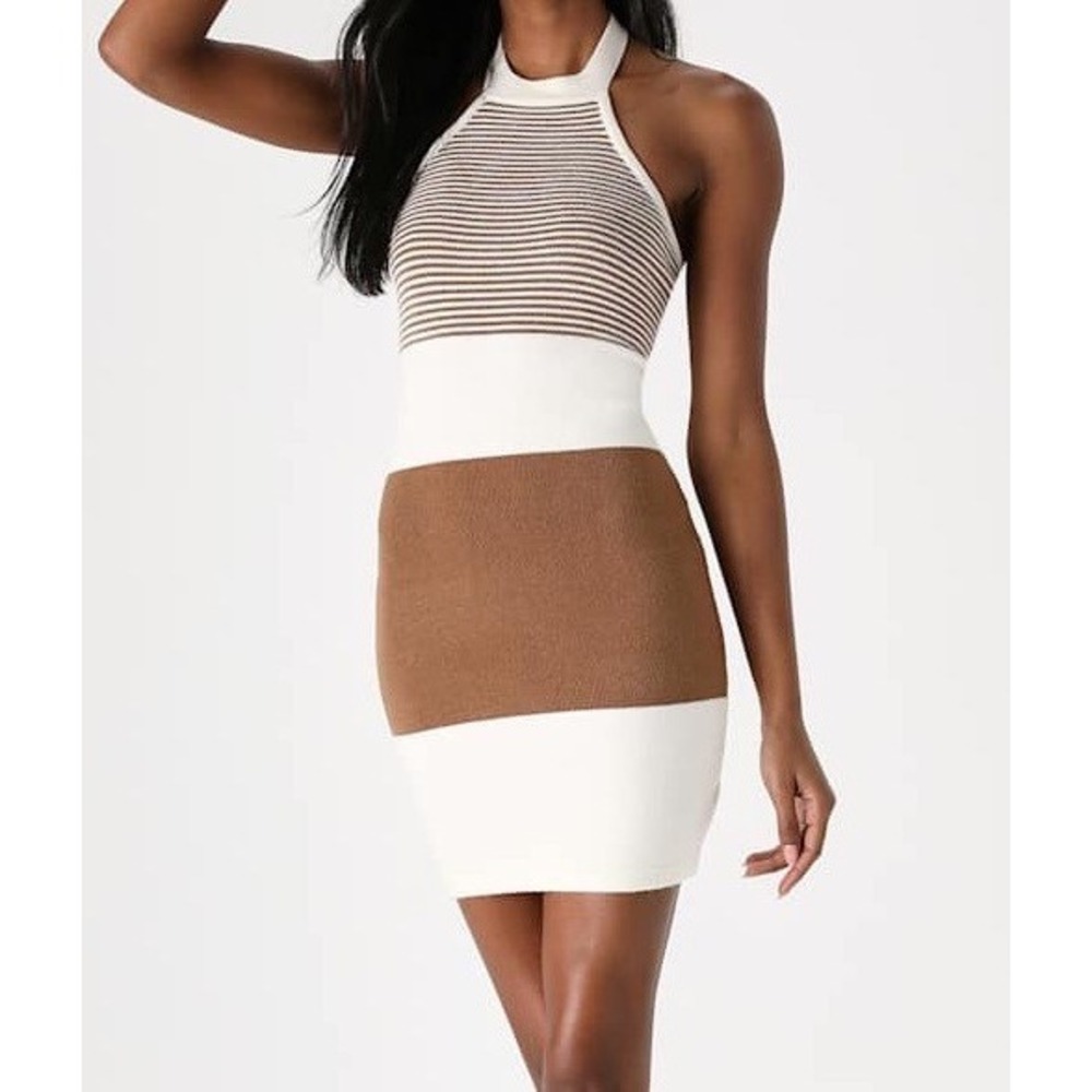 Flirty Babe Ivory and Brown Striped Halter Sweater Dress NWT - Size Small